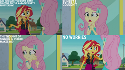 Size: 1280x720 | Tagged: safe, edit, edited screencap, editor:quoterific, imported from derpibooru, screencap, fluttershy, sunset shimmer, human, equestria girls, equestria girls series, so much more to me, clothes, cutie mark on clothes, duo, duo female, female, geode of empathy, geode of fauna, hairpin, jewelry, leather, leather vest, magical geodes, necklace, open mouth, open smile, smiling, text, vest