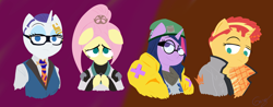 Size: 7016x2737 | Tagged: safe, artist:realgero, imported from derpibooru, fluttershy, rarity, sunset shimmer, twilight sparkle, anthro, pegasus, unicorn, alternate hairstyle, aside glance, beanie, bust, clothes, female, floppy ears, from under brows, glasses, group, hat, high res, hooves together, jacket, lidded eyes, line-up, looking at you, looking down, looking up, looking up at you, necktie, no pupils, ponytail, quartet, red background, round glasses, simple background, suit, valorant, video game reference