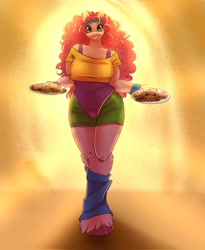 Size: 1676x2048 | Tagged: safe, artist:unfinishedheckery, imported from derpibooru, pinkie pie, anthro, earth pony, unguligrade anthro, 80s, breasts, busty pinkie pie, clothes, cookie, digital art, female, food, looking at you, milf, shirt, shorts, smiling, smiling at you, solo, tail, thighs, wide hips