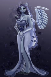 Size: 1365x2048 | Tagged: safe, artist:unfinishedheckery, imported from derpibooru, anthro, pegasus, undead, unguligrade anthro, bone, breasts, clothes, corpse bride, crossover, digital art, dress, female, flower, ponified, skeleton, solo, spread wings, tail, thighs, wedding dress, wide hips, wings