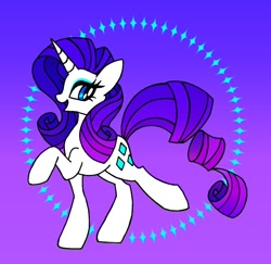 Size: 876x850 | Tagged: safe, artist:stacy_165cut, imported from derpibooru, rarity, pony, unicorn, blue background, female, gradient background, horn, looking at you, mare, profile, purple background, raised hoof, simple background, solo