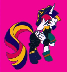 Size: 726x787 | Tagged: safe, artist:stacy_165cut, imported from derpibooru, alicorn, pony, butt, clothes, folded wings, grim reaper (kinnikuman), hat, horn, kinnikuman, looking at you, pink background, plot, ponified, raised hoof, simple background, solo, wings