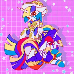 Size: 1080x1080 | Tagged: safe, artist:stacy_165cut, imported from derpibooru, alicorn, pony, clothes, duo, folded wings, grim reaper (kinnikuman), hat, horn, kinnikuman, looking at you, pink background, ponified, psychoman (kinnikuman), simple background, wings