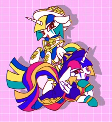 Size: 982x1076 | Tagged: safe, artist:stacy_165cut, imported from derpibooru, alicorn, pony, clothes, duo, folded wings, grim reaper (kinnikuman), hat, horn, kinnikuman, looking at you, pink background, ponified, psychoman (kinnikuman), simple background, wings