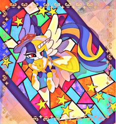 Size: 954x1024 | Tagged: safe, artist:stacy_165cut, imported from derpibooru, alicorn, pony, clothes, hat, horn, kinnikuman, ponified, psychoman (kinnikuman), solo, stained glass, stars, wings