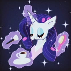 Size: 849x854 | Tagged: safe, artist:stacy_165cut, imported from derpibooru, rarity, pony, unicorn, brush, bust, cup, dark background, drink, eyes closed, female, glowing, glowing horn, hairbrush, horn, magic, magic aura, mare, plate, solo, telekinesis