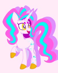 Size: 676x850 | Tagged: safe, artist:stacy_165cut, imported from derpibooru, oc, oc only, pony, unicorn, female, horn, mare, pink background, raised hoof, simple background, solo