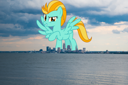 Size: 2000x1333 | Tagged: safe, artist:sketchmcreations, artist:thegiantponyfan, imported from derpibooru, lightning dust, pegasus, pony, cleveland, female, giant pegasus, giant pony, giantess, highrise ponies, irl, macro, mare, mega giant, mega/giant lightning dust, ohio, photo, ponies in real life