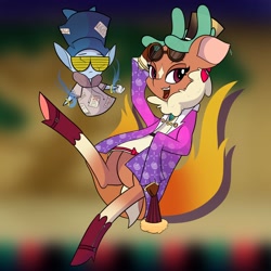 Size: 4000x4000 | Tagged: safe, artist:mrneo, imported from derpibooru, cap (tfh), cashmere (tfh), deer, reindeer, them's fightin' herds, antlers, boots, clothes, community related, cosplay, costume, crossover, dress, duo, fan, hat, jewelry, reindeer antlers, shoes, shutter shades, sunglasses, top hat, touhou, yorigami joon, yorigami shion