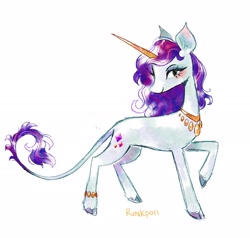 Size: 2048x1952 | Tagged: safe, artist:runkpori, imported from derpibooru, rarity, pony, unicorn, alternate design, bracelet, female, horn, jewelry, leonine tail, long horn, necklace, simple background, solo, tail, white background