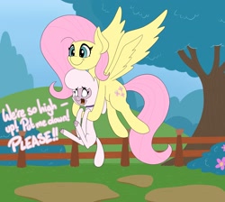 Size: 3347x3000 | Tagged: safe, artist:mrneo, imported from derpibooru, fluttershy, lamb, pegasus, pony, sheep, them's fightin' herds, adorable distress, cloven hooves, community related, cute, dialogue, duo, female, fence, flying, holding, holding a sheep, mare, pom (tfh), tree, wings