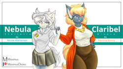 Size: 3840x2160 | Tagged: safe, artist:maximus, imported from derpibooru, oc, oc only, oc:claribel rivera, oc:nebula stellaris, anthro, unicorn, anthro oc, duo, duo female, female, simple background, white background