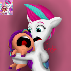 Size: 1280x1280 | Tagged: safe, artist:cjv2004, imported from derpibooru, screencap, sunny starscout, zipp storm, pegasus, pony, spoiler:g5, spoiler:my little pony: tell your tale, spoiler:tyts01e15, age regression, baby, baby pony, crying, female, filly, filly sunny starscout, foal, g5, making a foal of me, my little pony: tell your tale, scene interpretation, screaming, screencap reference, younger