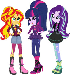 Size: 600x637 | Tagged: dead source, safe, artist:krystal-red-squirrel, artist:selenaede, imported from derpibooru, starlight glimmer, sunset shimmer, twilight sparkle, human, equestria girls, alternate hairstyle, alternate universe, base used, boots, clothes, cutie mark on clothes, dress, fingerless gloves, gloves, hand behind back, hand on hip, high heel boots, high heels, jacket, jewelry, looking at you, necklace, pendant, ponytail, role reversal, shoes, simple background, white background, wristband
