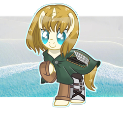 Size: 2500x2300 | Tagged: safe, artist:anno酱w, imported from derpibooru, pony, unicorn, armin arlert, attack on titan, base used, belts, clothes, male, ocean, ponified, short hair, smiling, solo, stallion, uniform, water