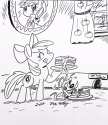 Size: 1768x2048 | Tagged: safe, artist:debmervin, imported from derpibooru, apple bloom, applejack, oc, oc:mervin mouse, earth pony, mouse, pony, eyes closed, female, filly, foal, food, monochrome, pancakes, smiling, text, tongue out