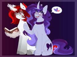 Size: 1742x1300 | Tagged: safe, artist:purplegrim40, imported from derpibooru, oc, oc only, pony, unicorn, abstract background, book, choker, duo, ear piercing, glasses, glowing, glowing horn, horn, magic, pictogram, piercing, reading, smiling, telekinesis, unicorn oc