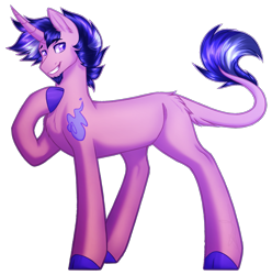 Size: 1291x1300 | Tagged: safe, artist:purplegrim40, imported from derpibooru, oc, oc only, pony, unicorn, colored hooves, grin, hoof on chest, horn, leonine tail, male, raised hoof, simple background, smiling, solo, stallion, tail, transparent background, unicorn oc