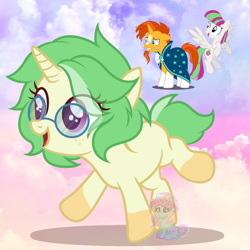 Size: 1200x1200 | Tagged: safe, artist:shiee-artopia223, imported from derpibooru, blossomforth, sunburst, pegasus, pony, unicorn, base used, clothes, coat markings, female, filly, foal, freckles, fusion, glasses, looking back, male, mare, socks (coat markings), stallion, wings