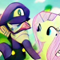 Size: 256x256 | Tagged: safe, imported from derpibooru, fluttershy, human, pegasus, pony, ai content, ai generated, crossover, female, generator:craiyon, male, mare, super mario bros., waluigi