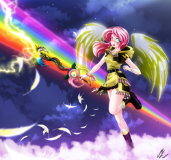 Size: 3603x3373 | Tagged: safe, artist:mauroz, imported from derpibooru, discord, fluttershy, human, absurd file size, blushing, clothes, cloud, dress, female, flying, humanized, keyblade, kingdom hearts, looking at you, night, on a cloud, open mouth, rainbow, sky, smiling, solo, standing on a cloud, stars, weapon, winged humanization, wings