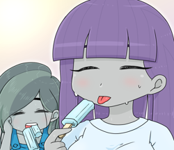 Size: 740x640 | Tagged: safe, artist:batipin, imported from derpibooru, marble pie, maud pie, human, equestria girls, duo, equestria girls-ified, eyebrows, eyebrows visible through hair, eyes closed, female, food, open mouth, popsicle, sweat, tongue out