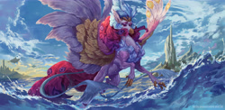 Size: 8192x4000 | Tagged: safe, artist:makkah, artist:yuyusunshine, imported from derpibooru, queen novo, classical hippogriff, hippogriff, absurd resolution, collaboration, detailed, female, flying, mount aris, ocean, solo, spread wings, water, wings