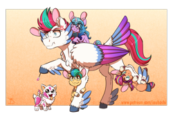 Size: 1704x1148 | Tagged: safe, artist:inuhoshi-to-darkpen, imported from derpibooru, hitch trailblazer, izzy moonbow, sunny starscout, zipp storm, dog, earth pony, pegasus, pomeranian, pony, unicorn, spoiler:g5, spoiler:my little pony: tell your tale, spoiler:tyts01e15, age regression, annoyed, baby, baby pony, biting, cheek fluff, chest fluff, cloudbetes, cloudpuff, colt, colt hitch trailblazer, cross-popping veins, cute, ear fluff, feathered fetlocks, female, filly, filly izzy moonbow, filly sunny starscout, flying pomeranian, foal, g5, hitchbetes, izzybetes, leg fluff, making a foal of me, male, mare, my little pony: tell your tale, nom, open mouth, open smile, puppy, smiling, sunnybetes, unamused, winged dog, younger, zipp storm is not amused