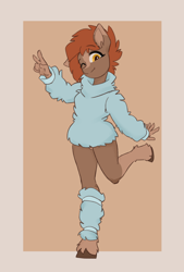 Size: 2000x2956 | Tagged: safe, artist:sneetymist, imported from derpibooru, oc, oc only, oc:soft coffee, anthro, earth pony, unguligrade anthro, blank flank, bottomless, clothes, coat markings, facial markings, female, fluffy, fluffy sweater, leg warmers, mare, no tail, nudity, one eye closed, partial nudity, peace sign, raised leg, simple background, smiling, socks (coat markings), solo, sweater, unshorn fetlocks, wink