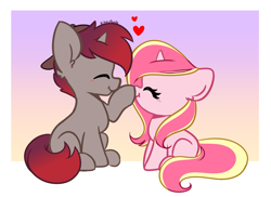 Size: 4078x2965 | Tagged: safe, artist:kittyrosie, imported from derpibooru, oc, oc only, oc:rosa flame, pony, unicorn, boop, cap, duo, ear fluff, eyes closed, gradient background, hat, horn, simple background, unicorn oc