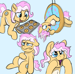 Size: 2963x2918 | Tagged: safe, artist:doodledonutart, imported from derpibooru, oc, oc only, oc:doodledonut, earth pony, pony, blue background, cute, cyan background, donut, female, food, heart, heart eyes, mare, ocbetes, simple background, sketch, sketch dump, solo, stuffed, wingding eyes