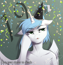 Size: 1264x1306 | Tagged: safe, artist:lunciakkk, imported from derpibooru, oc, oc only, oc:seiko, alicorn, 19, birthday, chest fluff, confetti, floppy ears, hat, party hat, solo