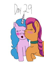 Size: 2000x2921 | Tagged: safe, artist:ktd1993, imported from derpibooru, izzy moonbow, sunny starscout, earth pony, pegasus, pony, 29, cheek kiss, female, g5, izzyscout, kissing, lesbian, shipping, simple background, transparent background