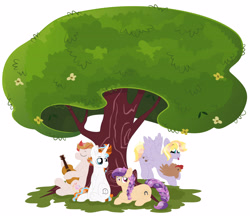 Size: 5000x4392 | Tagged: safe, artist:queenderpyturtle, imported from derpibooru, oc, oc only, oc:delightful laughter, oc:fury flare, oc:gadget, oc:harmony riversong, bird, chicken, earth pony, pegasus, pony, unicorn, absurd resolution, braid, braided tail, guitar, lying down, musical instrument, prone, simple background, tail, tongue out, tree, white background