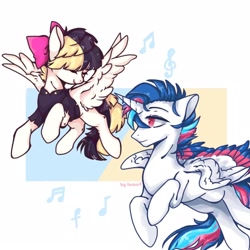 Size: 1600x1600 | Tagged: safe, artist:lxran4, imported from derpibooru, songbird serenade, oc, oc:lucent starscape, oc:星夜流光, alicorn, pegasus, my little pony: the movie, flying, horn, wings