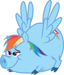 Size: 1125x1321 | Tagged: safe, imported from derpibooru, rainbow dash, flying pig, pig, bedroom eyes, iwtcird, meme, pigified, rainbow pig, simple background, solo, species swap, spread wings, stretching, transparent background, wat, wingboner, wings