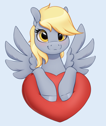 Size: 2350x2800 | Tagged: safe, artist:aquaticvibes, imported from derpibooru, derpy hooves, pegasus, pony, :3, cute, daaaaaaaaaaaw, derpabetes, female, gray background, heart, looking at you, mare, pillow, simple background, solo, spread wings, weapons-grade cute, wingding eyes, wings
