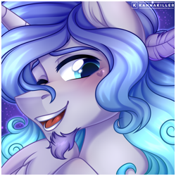 Size: 3000x3000 | Tagged: safe, artist:kannakiller, imported from derpibooru, oc, oc:prince plushy soft, alicorn, alicorn oc, beard, bust, cute, facial hair, fluffy, horn, one eye closed, portrait, solo, wings, wink