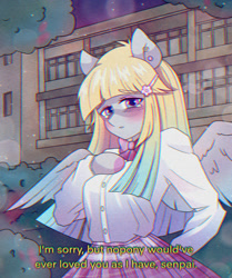 Size: 1920x2300 | Tagged: safe, artist:pierogarts, imported from derpibooru, oc, oc only, oc:brave jockey, anthro, pegasus, arm hooves, breasts, clothes, female, looking at you, mare, school uniform, skirt, solo, subtitles, yandere
