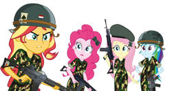 Size: 3410x1808 | Tagged: safe, artist:edy_january, edit, imported from derpibooru, vector edit, fluttershy, pinkie pie, rainbow dash, sunset shimmer, human, equestria girls, army, army helmet, assault rifle, barrette, camouflage, gun, hat, helmet, indonesia, indonesian, military, rifle, simple background, soldier, transparent background, trigger discipline, vector, weapon