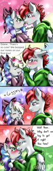 Size: 635x2048 | Tagged: safe, artist:mysticalcreations417, imported from derpibooru, oc, oc:blazey sketch, oc:fullmoon, hengstwolf, pegasus, pony, werewolf, blushing, boop, bow, clothes, commission, couple, cute, female, flirting, fluffy, gradient background, hair bow, hoodie, kissing, male, multicolored hair, oc x oc, red hair, shipping, sweater, ych result