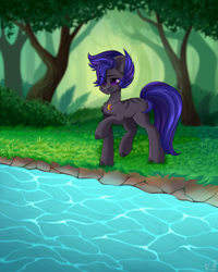 Size: 2000x2500 | Tagged: safe, artist:rinteen, imported from derpibooru, oc, oc only, earth pony, pony, forest, river, solo, tree, water