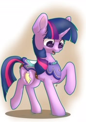 Size: 2892x4096 | Tagged: safe, artist:db, imported from derpibooru, twilight sparkle, pony, unicorn, clothes, female, mare, open mouth, raised hoof, saddle dress, solo, unicorn twilight