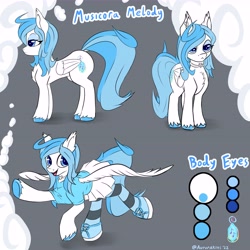 Size: 8192x8192 | Tagged: safe, artist:aurorakins, imported from derpibooru, oc, oc only, oc:musicora melody, pegasus, pony, blue, chest fluff, clothes, cloud, cutie mark, dock, ear fluff, pegasus oc, reference sheet, shirt, shoes, skirt, socks, solo, striped socks, tail, unshorn