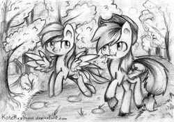 Size: 2312x1627 | Tagged: safe, artist:katemaximova, imported from derpibooru, applejack, rainbow dash, earth pony, pegasus, pony, applejack's hat, cowboy hat, duo, duo female, female, freckles, hat, looking at each other, looking at someone, mare, monochrome, outdoors, traditional art, tree, wings