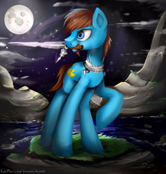 Size: 2000x2100 | Tagged: safe, artist:katemaximova, imported from derpibooru, oc, oc only, earth pony, pony, male, moon, mouth hold, night, outdoors, raised hoof, solo, stallion, sword, weapon