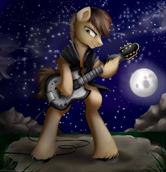 Size: 2409x2489 | Tagged: safe, artist:katemaximova, imported from derpibooru, oc, oc only, earth pony, semi-anthro, bipedal, clothes, electric guitar, guitar, hoof hold, male, moon, musical instrument, night, outdoors, solo, stallion