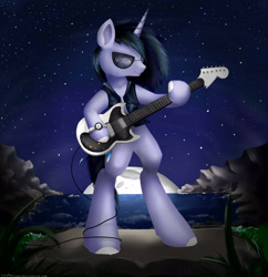 Size: 2409x2489 | Tagged: safe, artist:katemaximova, imported from derpibooru, oc, oc only, semi-anthro, unicorn, bipedal, clothes, electric guitar, guitar, hoof hold, horn, male, moon, musical instrument, night, outdoors, solo, stallion, sunglasses