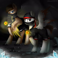 Size: 2449x2449 | Tagged: safe, artist:katemaximova, imported from derpibooru, oc, oc only, pegasus, pony, cave, clothes, duo, duo male, jewelry, looking at you, male, necklace, raised hoof, spread wings, stallion, wings