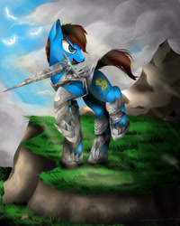 Size: 2190x2738 | Tagged: safe, artist:katemaximova, imported from derpibooru, oc, oc only, bird, earth pony, pony, cloud, male, mouth hold, outdoors, raised hoof, solo, stallion, sword, weapon